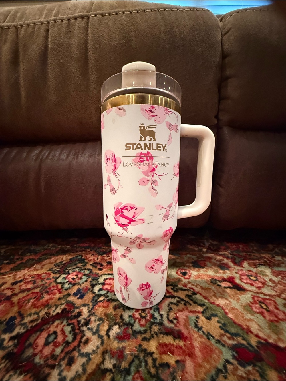 Stanley White Travel Mug with Pink Floral Design and Handle
